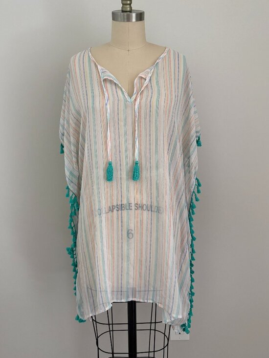 Miken Swim Other - Miken Swim Pastel Stripe Boho Tassel Kaftan Cover Up Poncho Resortwear Cottage M
